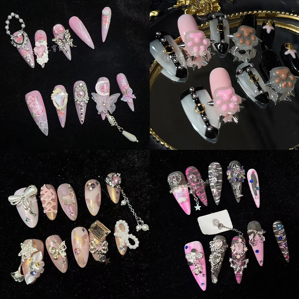 

Light Luxury Pink Chain Star Diamond Bowknot Long Pointed Fake Nail 3D Flower Butterfly Cat paws Pearl Nail Art Birthday Gift