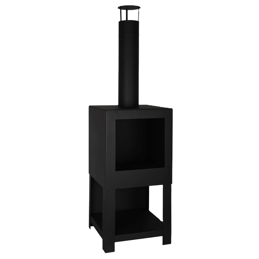 Multifunctional Corten Steel Freestanding Portable Outdoor Fireplace Chimney Design With Log Storage For Garden & Backyard Use
