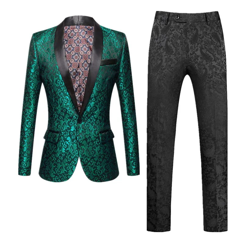 (Jacket+Pants) Men Luxury Jacquard Suit 2 Piece Pink Black Fashion Male Business Social Wedding Party Tuxedo Blazers Trousers