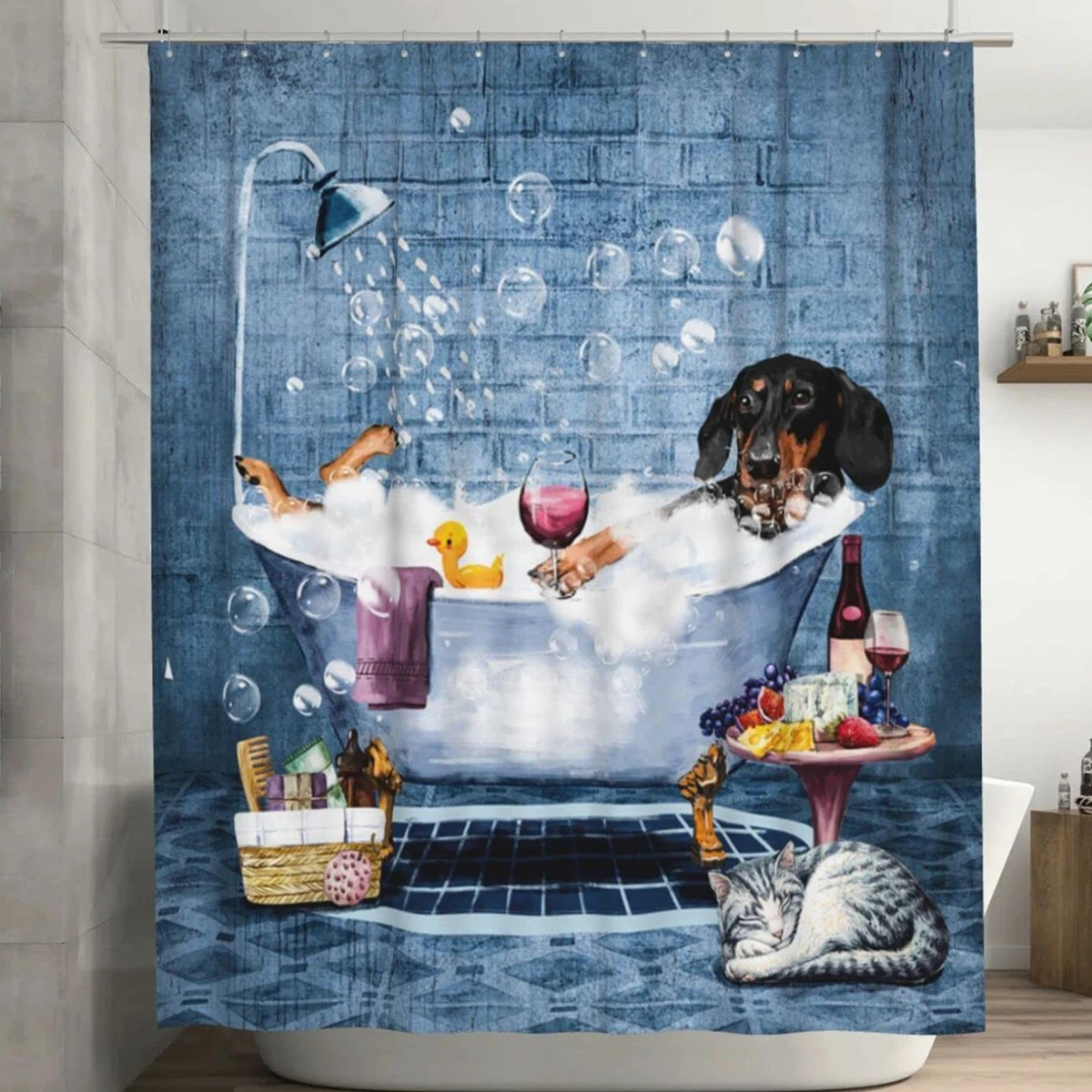 Funny Sausage Dog Dachshund Shower Curtains for Bathroom, Cartoon Dogs Bath Curtains with Cute Animals Waterproof Machine Wash