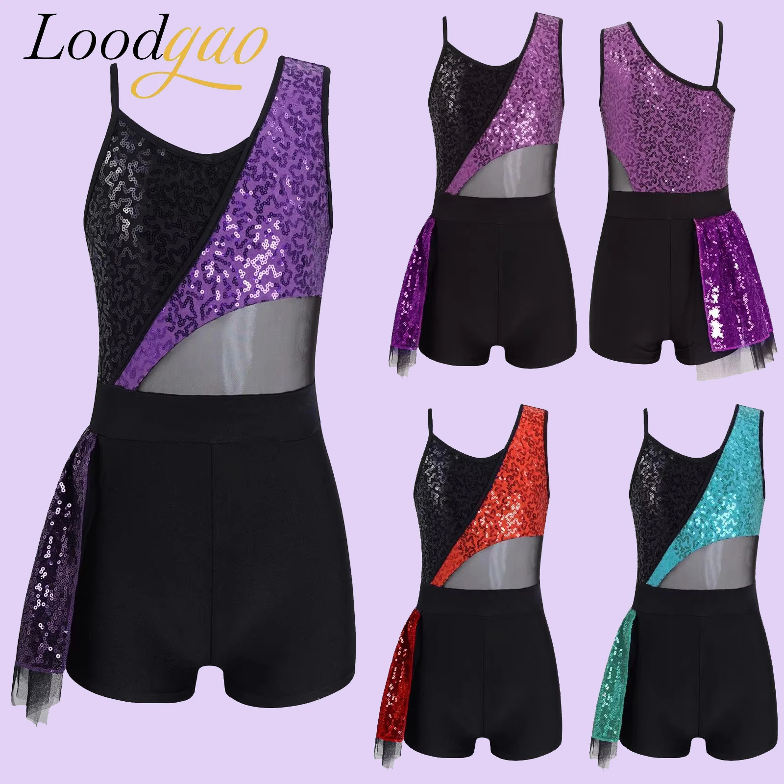 

Girls Shiny Sequins Jazz Dance Shorty Unitard Leotard Sleeveless Bodysuit for Stage Performance Kids Latin Dance Costume
