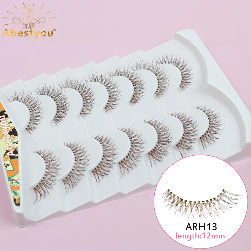 Abestyou Offical 7Pair 12mm Short Brown Coffee Color False EyeLashes Natural Long Wispy Invisible Band Full Strip 3d Mink Lashes