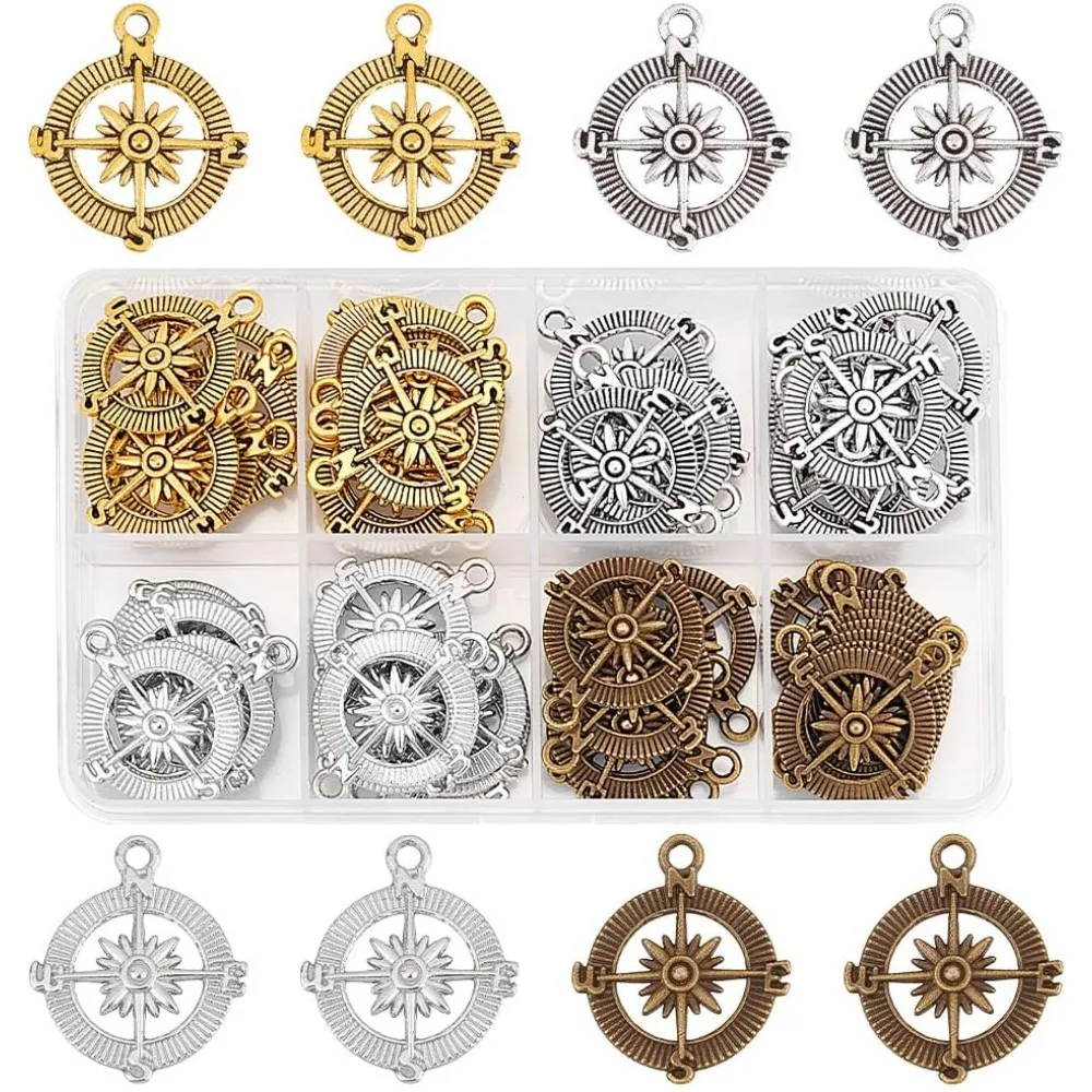 60 pcs 4 Colors 1 Inch Tibetan Style Compass Shape Alloy Pendants Charm Spacer Beads for Bracelet Necklace Jewelry DIY Craft