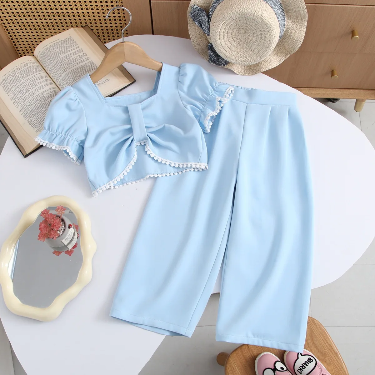 2026 New Childrens Clothing European and American Style Puffed Sleeves Lace Lace Up Top Wide Leg Suit Pants Set