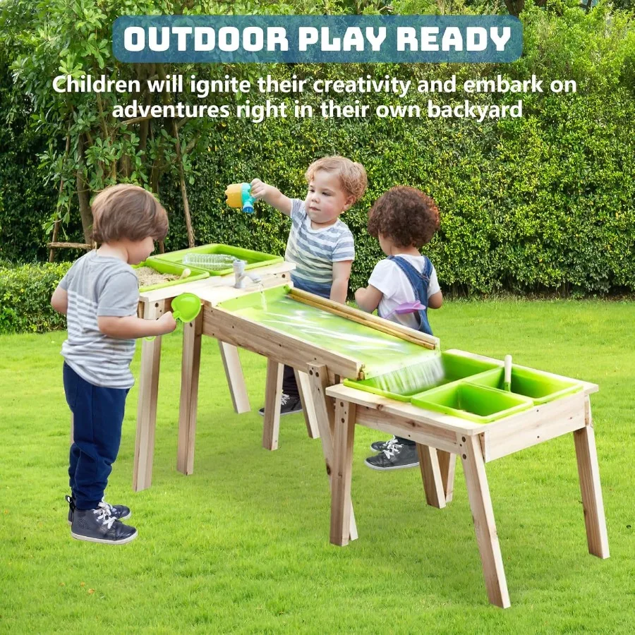 3 conjuntos de mesa sensorial rushing river cai, conjunto de mesa de areia de madeira para brinquedo de madeira ao ar livre, conjunto de mesa de água para meninos e meninas