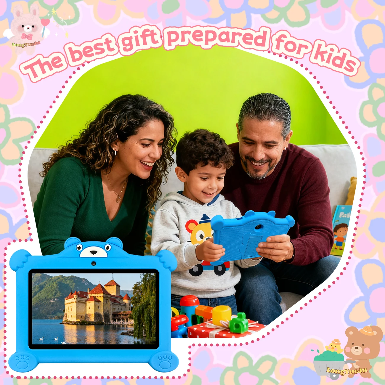 7-inch kindertablet, Android 12, dubbele camera's, educatieve software, ouderlijk controlesysteem, perfect cadeau