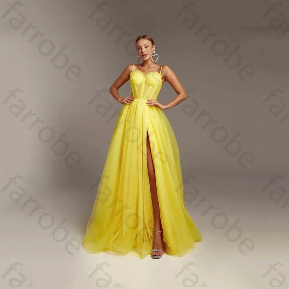 Vestidos de fiesta de tul amarillo personalizados a la moda con abertura frontal, tirantes finos de verano, vestido de noche largo hasta el suelo de corte A para mujer