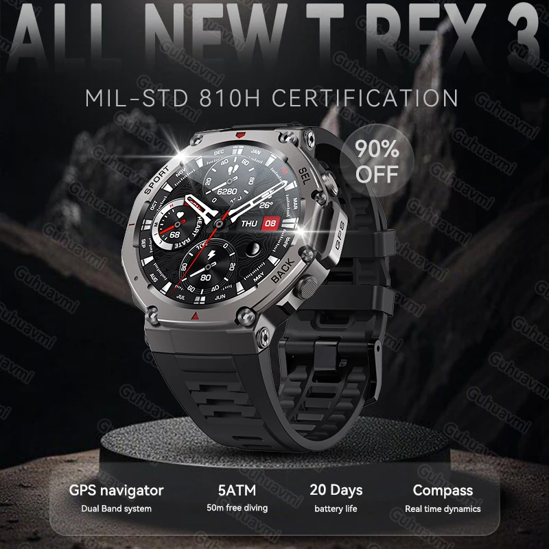

2025 GUHUAVMI T-Rex 3 GPS Смарт-часы 50 м Фридайвинг Встроенный двухдиапазонный GNSS Динамика в реальном времени Компас Военные умные часы Мужчины