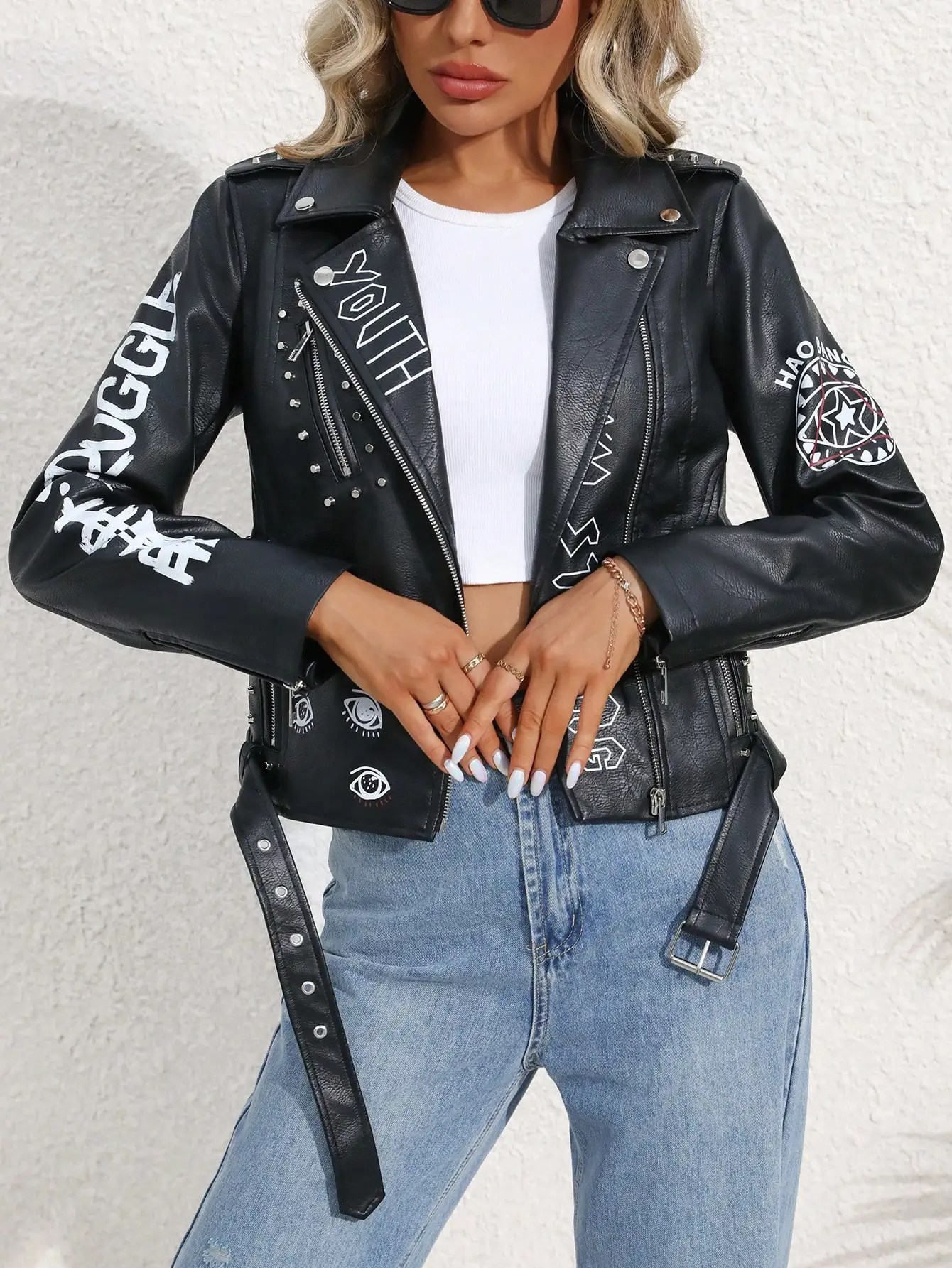 FTLZZ Women Faux PU Leather Jacket Casual Lady Lapel Zipper Graffiti Print Leather Coat Moto Bike Rivet Outwear