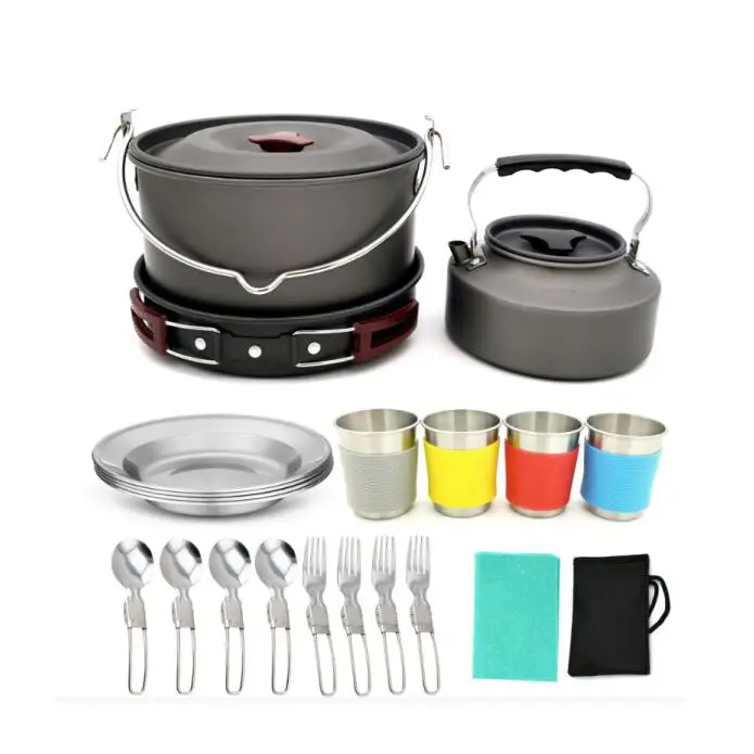 

Camping Cookware Mess Kit, Outdoor Cookware Set Large Size Hanging Pot Pan Kettle With Base Cook Set For 4
