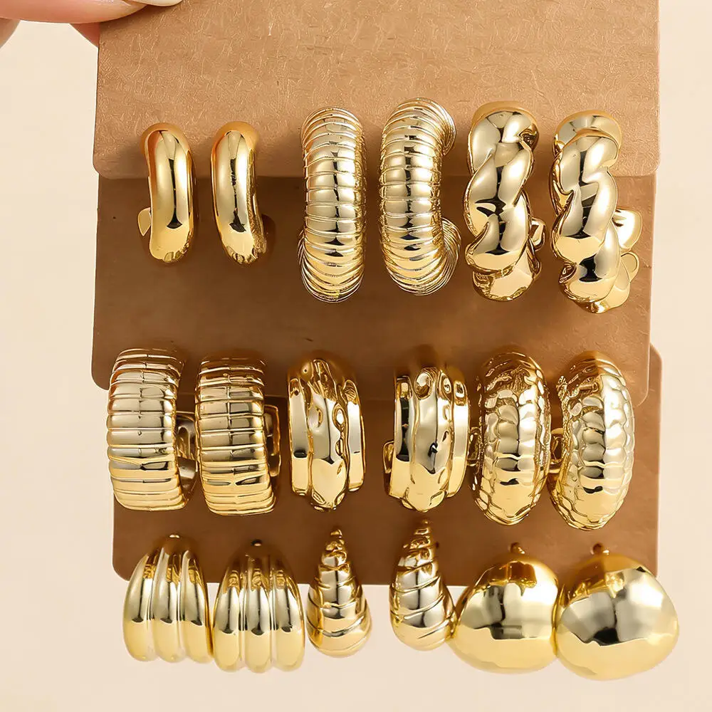 Juego de 3 Pares de Aretes de Aro Gruesos Dorados para Mujer, Aros en Forma de C con Diseño de Cuerda Trenzada/Croissant/Geométrico