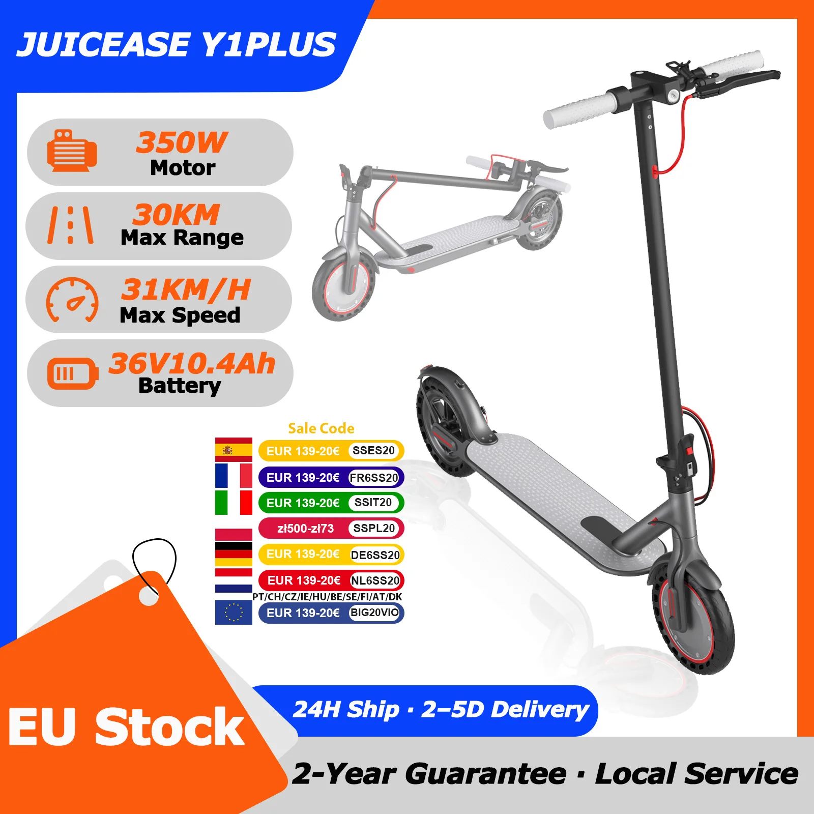 Monopattino Elettrico JUICEASE Y1PLUS 350W 36V 10.4Ah, Batteria a Lunga Autonomia 30KM, Pieghevole, Ruote da 8.5 Pollici, Smart, per Adulti, con APP