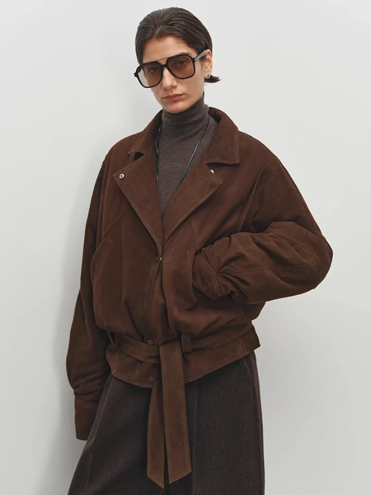 سترات كلاسيكية من جلد الغزال الطبيعي للنساء لخريف وشتاء 2025 معطف مبطن بسيط فضفاض من جلد الغنم الحقيقي مع حزام #3