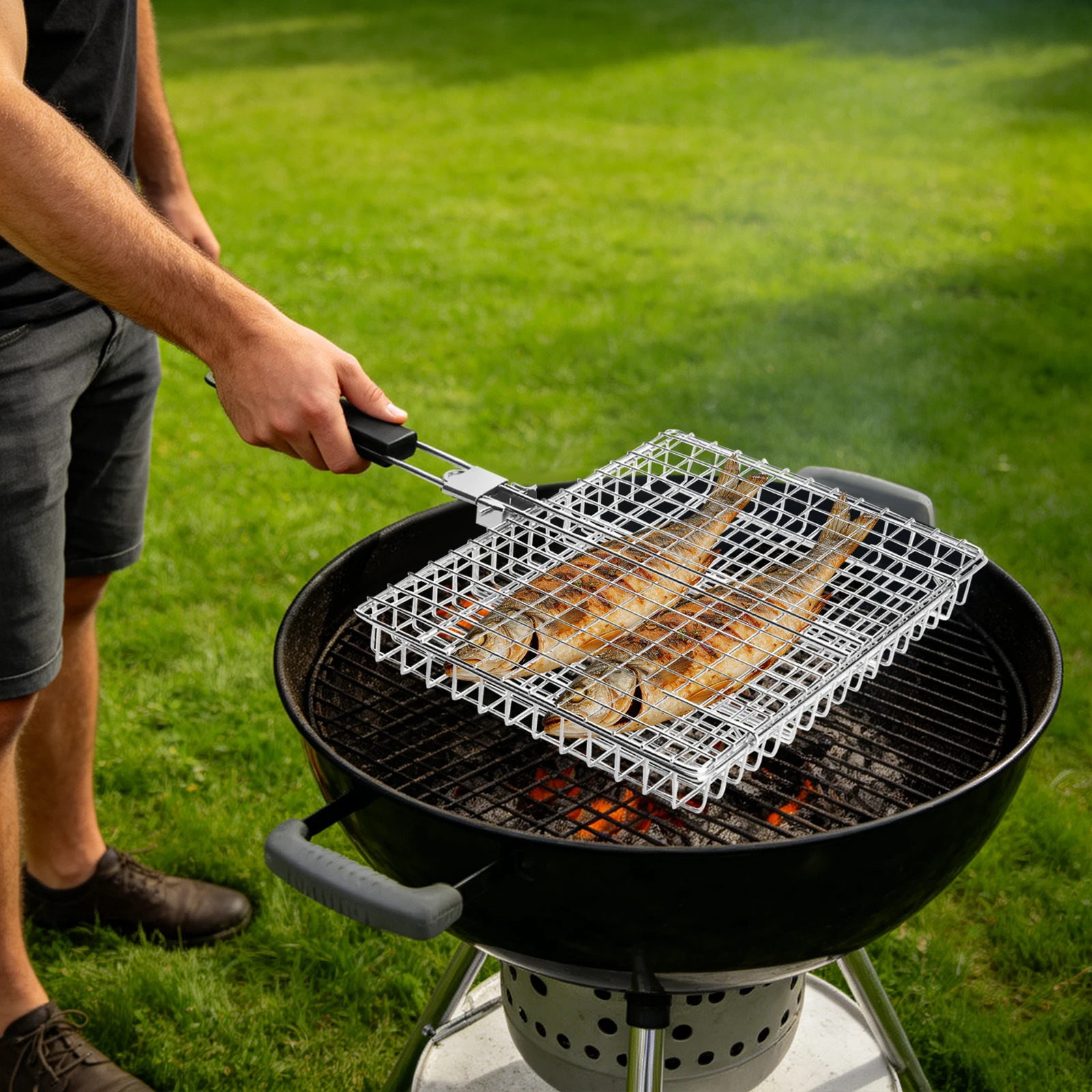 Camping Cooking Mesh - Cestello per Griglia con Manico Rimovibile