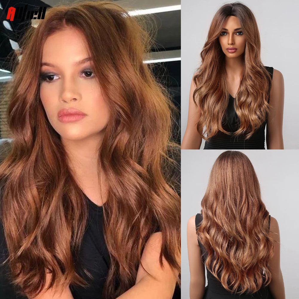 Red Copper Brown Long Wavy Synthetic Wig with Dark Root for Black Women Afro Middle Part Natural Wave Wigs Hair Heat Resistant