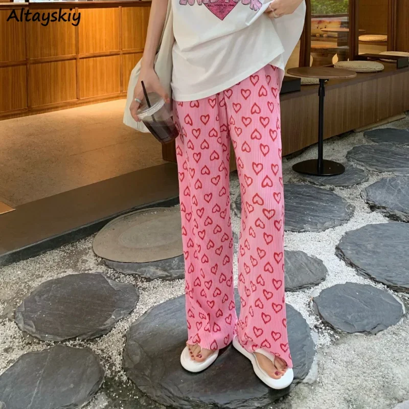 Wide Leg Pants Women Folds Pink Heart Loose Sweet Casual Ins Students Personality All-match Korean Style Fashion Ulzzang Vintage