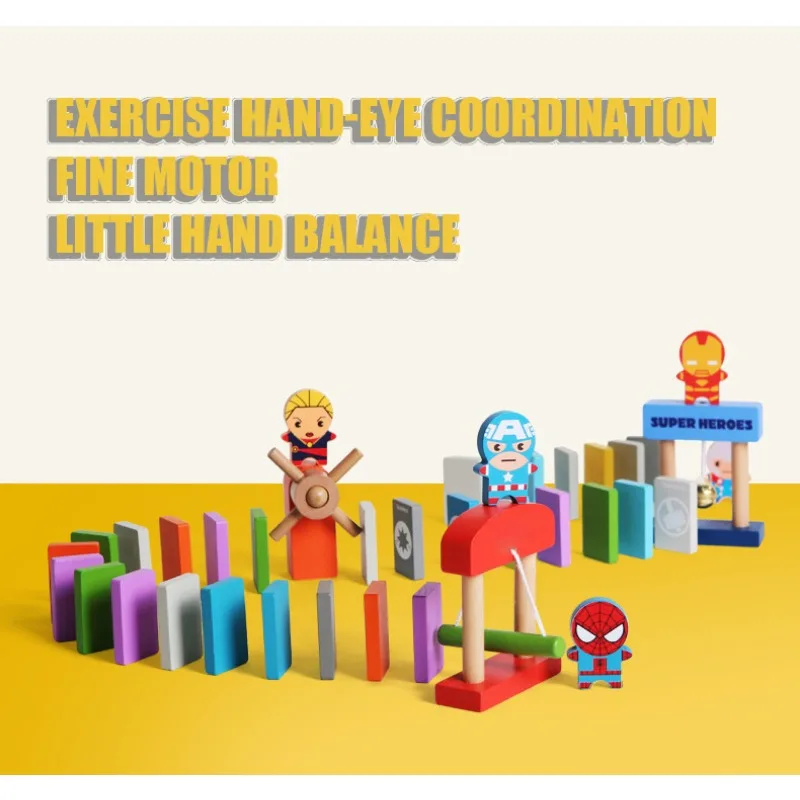 Wooden Mechanism Dominoes Set Superhero Breakout Building Block Toys DIY Dominoes Building Set STEM Puzzle Toys Montessori Games