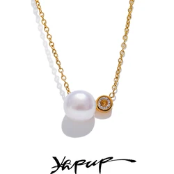 Yhpup Korean Style Stainless Steel Natural Pearl Zircon Necklace Pendant Chain Waterproof Temperament Premium Jewelry