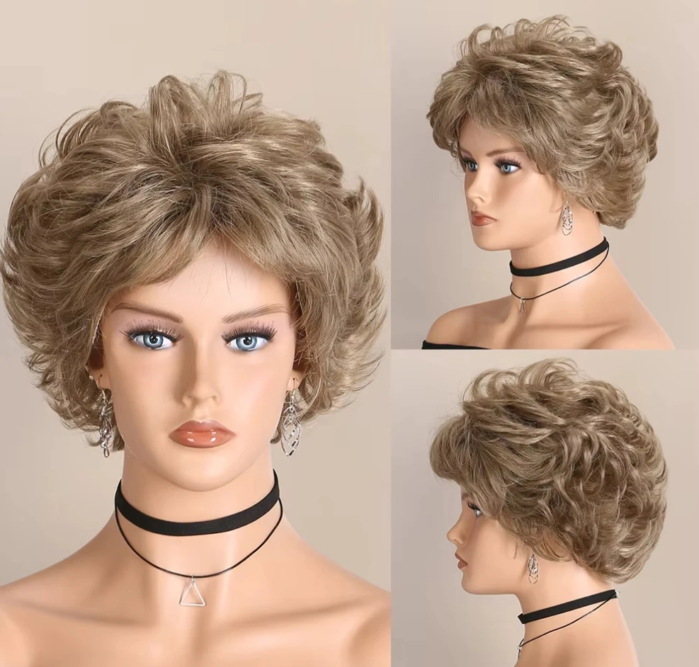 

Synthetic Short Pixie Cut Layered Wigs Wavy Curly Blonde Brown Mixed Fake Hair for Women Daily Party Wig