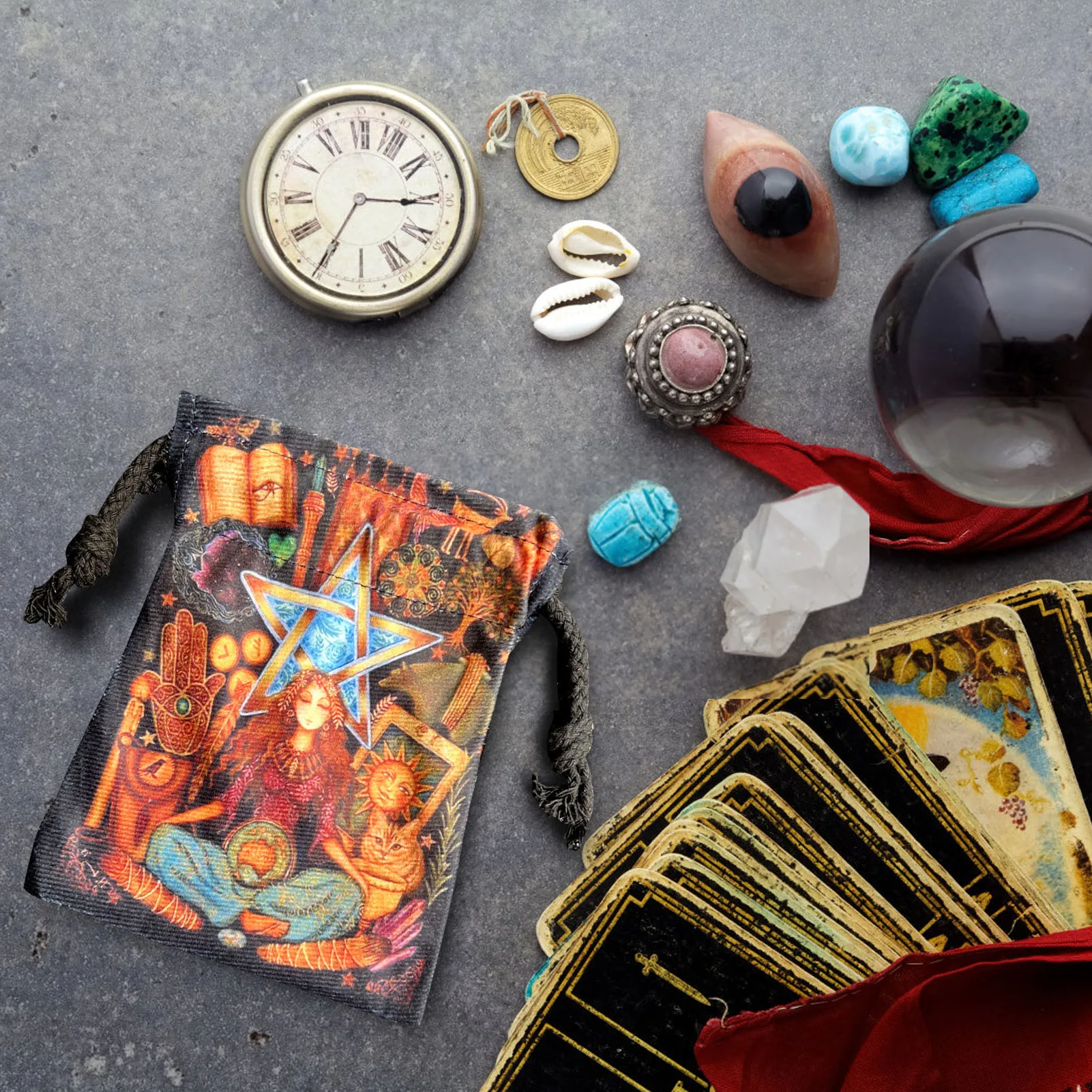 Tarot Card Storage Bag Oracle Divination Fate Deck Board Game Double-Sided Print Jewelry Dice Bag Mini Drawstring Bag