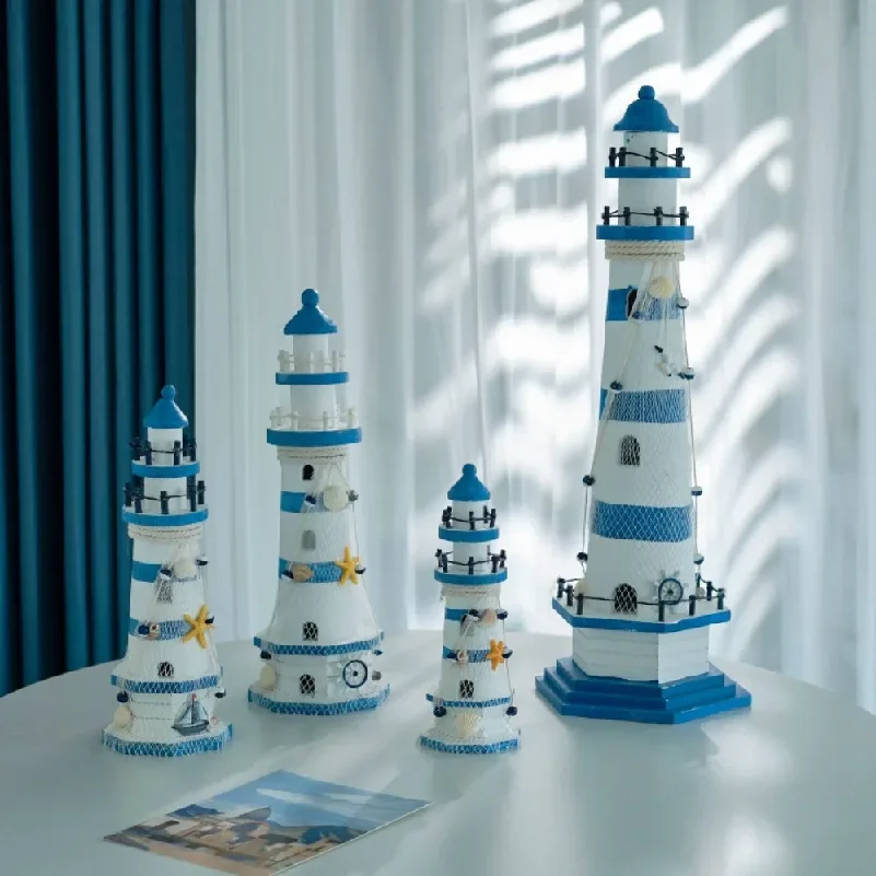 Wooden Double Layered Lighthouse Figurine, Observation Tower Nautical Themed Mediterranean Style Rooms Home Tabletop Decor Gifts