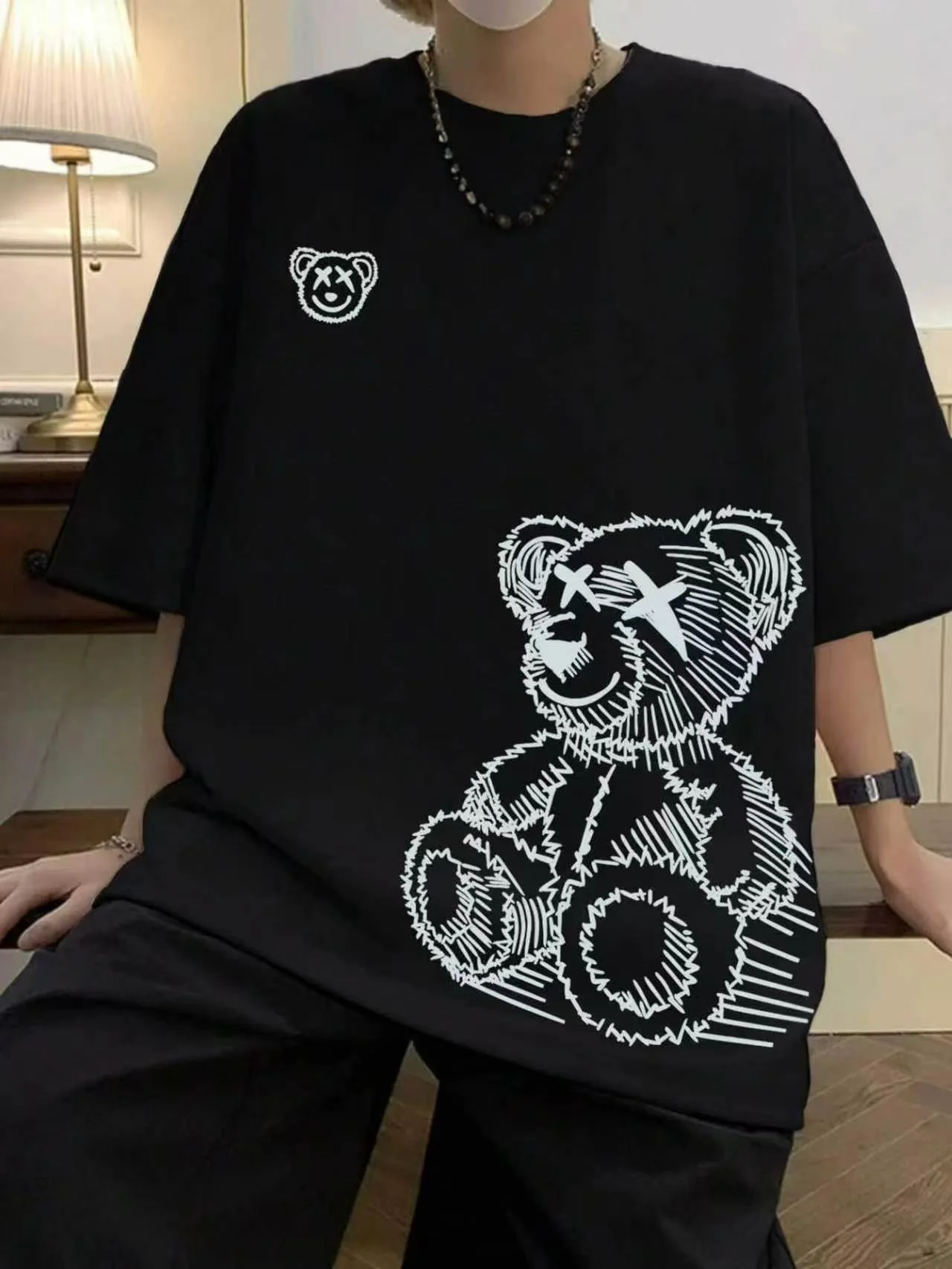 T-shirt imprimé ours style ado - Haut décontracté et polyvalent à manches courtes en pur coton pour le sport et les activités de plein air