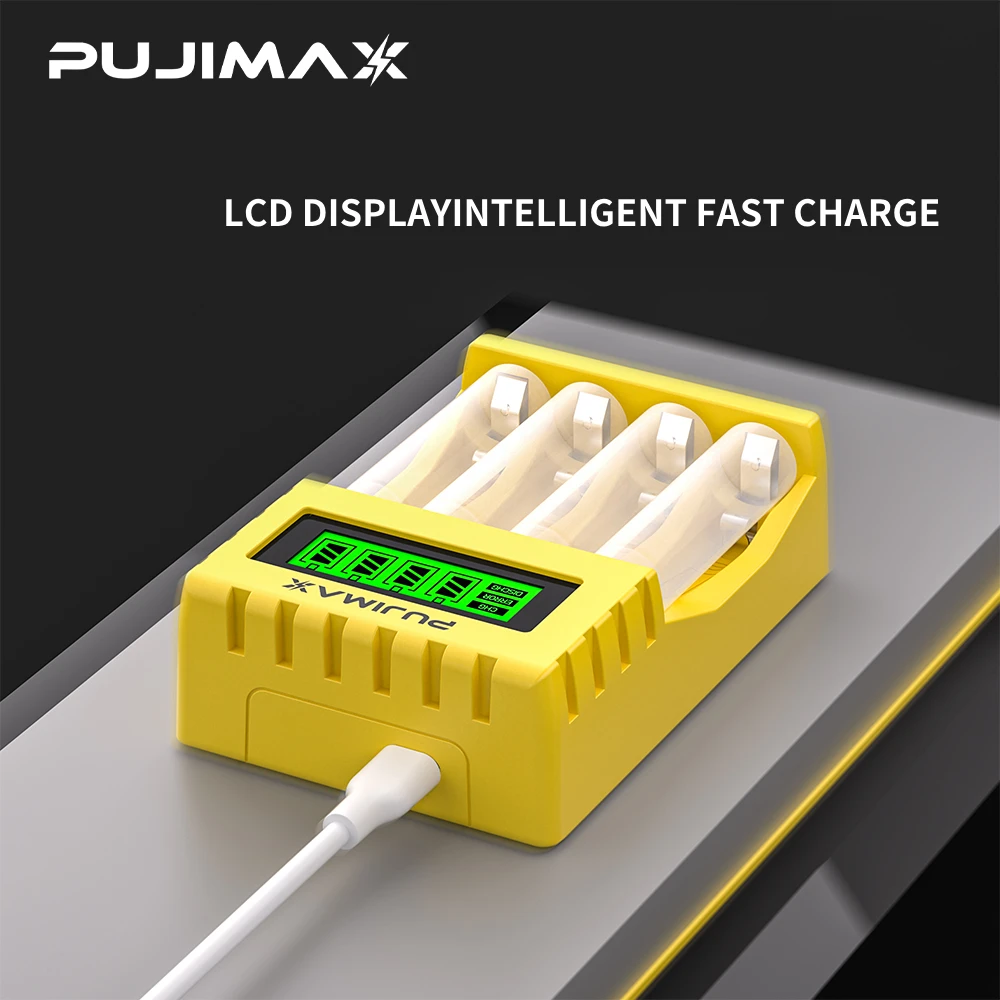 PUJIMAX 4 Slot Individual Charging LCD Display Smart Yellow Battery Charger 1.2V Ni-MH Ni-CD AA/AAA Battery Charger Durable