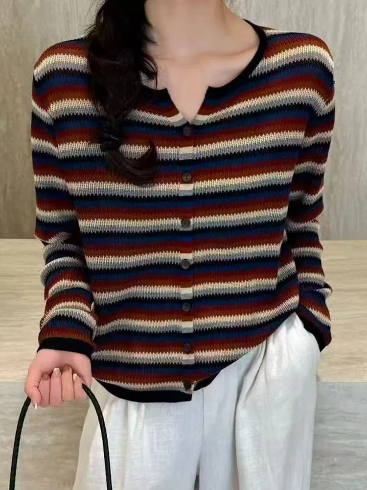 

Retro Contrast Color Stripe Silk Wool Knitted Open Cardigan Women's Spring Summer round Neck Loose Versatile Slimming Sweater...