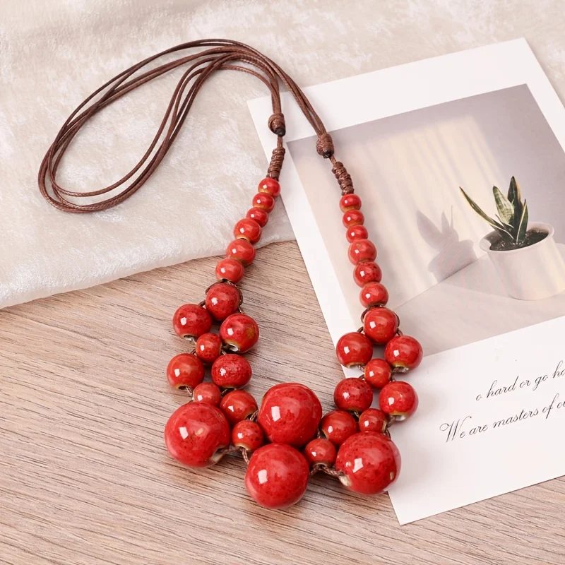 Unique Design Pure Bead Woven Rope Necklace, Women's Bohemian Ethnic Style Holiday Accessories Jewelry