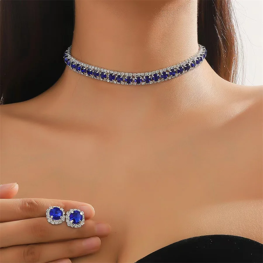 FYUAN Luxury Necklace Earrings Sets Green Blue Silver Color Crystal Necklace Women Weddings Bride Jewelry Accessories