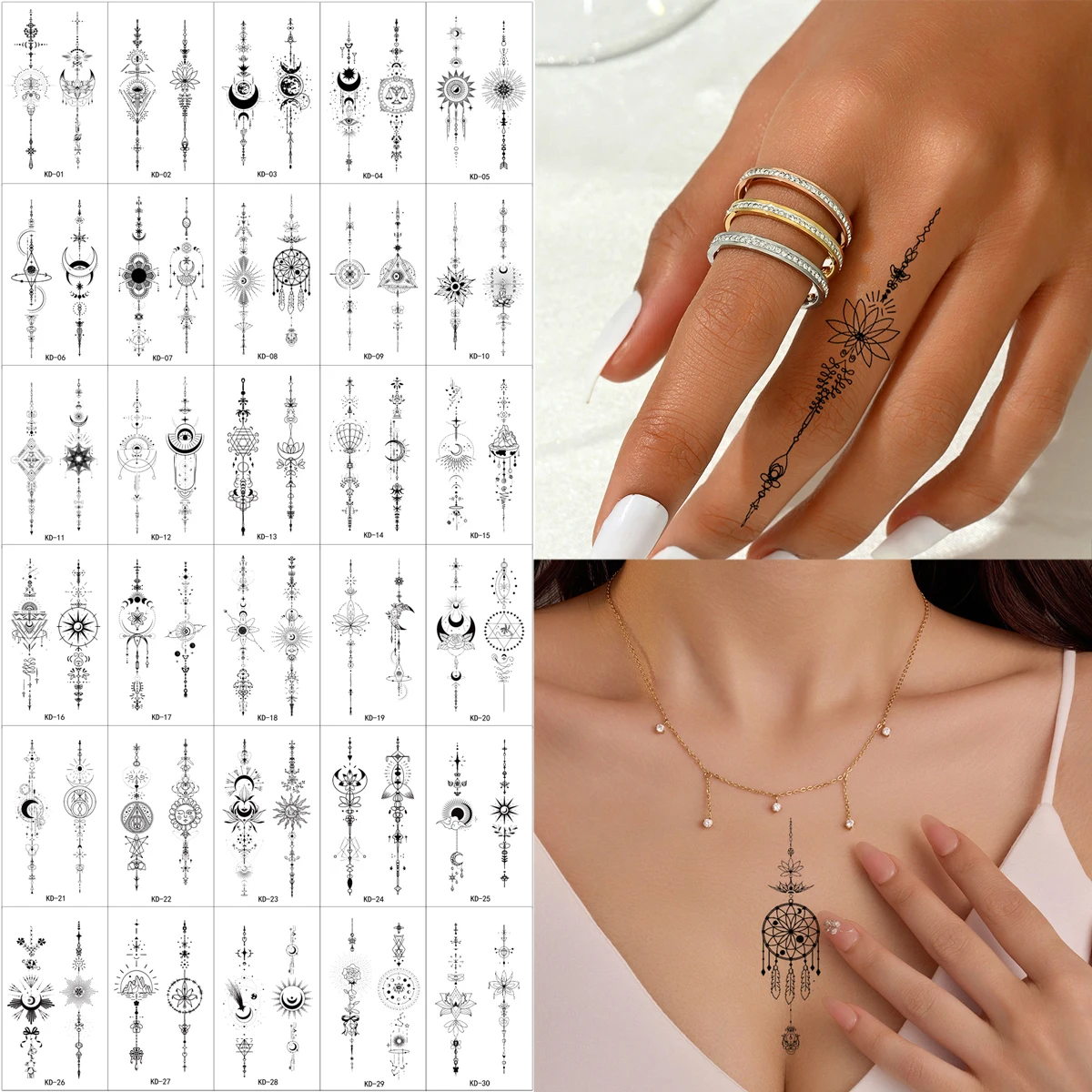 

30pcs/pack Moon Lotus Pattern Temporary Tattoo Stickers for Hand Fingers Ankles and Body Flower Fake Tattoo For Women Men