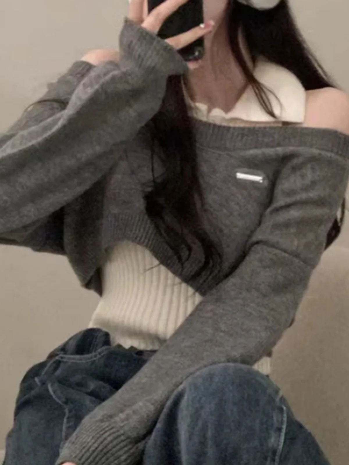 

Chic Autumn Winter ort Ne Knitted Sweater Women's Design Two Piece Set Top Glue Fiber Casual Sle Chinese Production