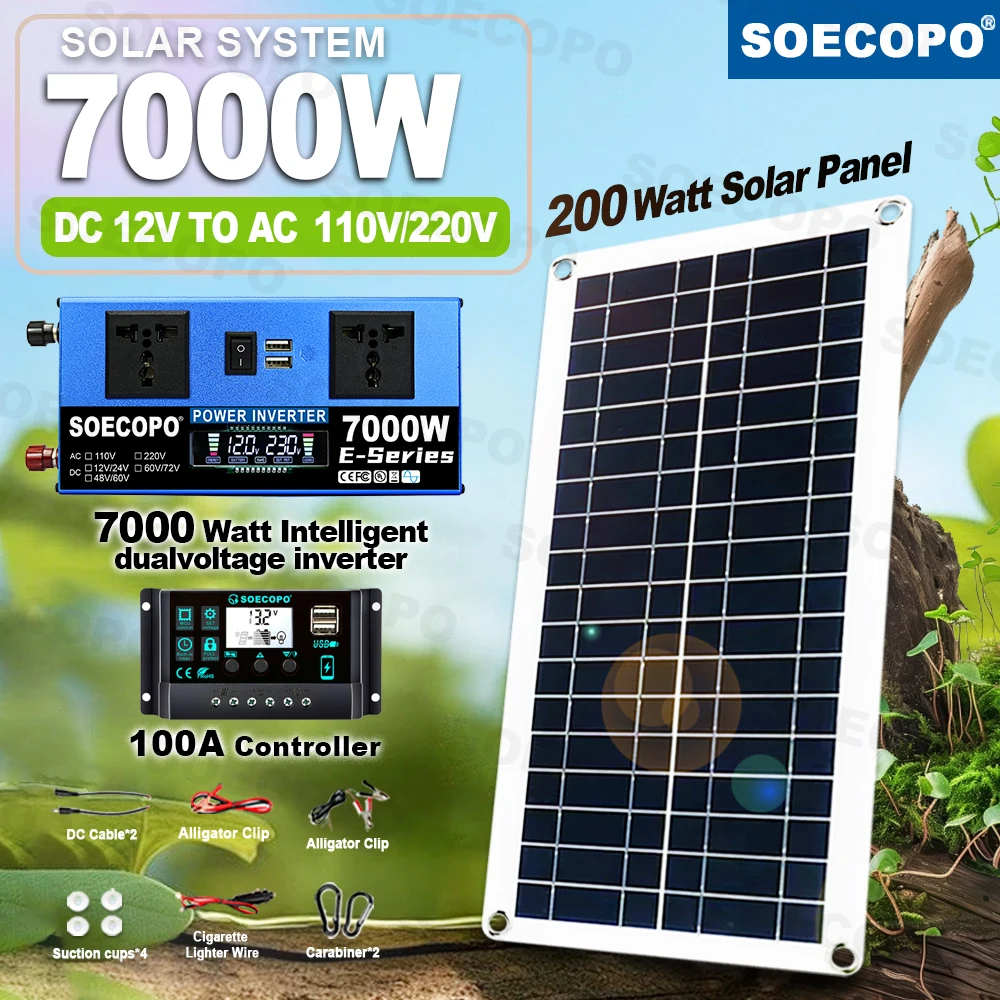 7000W Portable Solar Generator Kit 12V/24V To 110V 220V Inverter 100A Controller 200W Panel Power Mini Fridge Lights for Camping