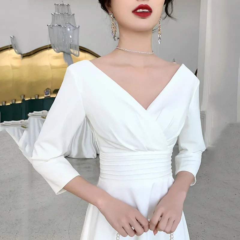 

White French Formal Party Dress Elegant Women Qipao Chinese Dress Exquisite Pleated A-line Robe De Soiree Floor-Length Cheongsam