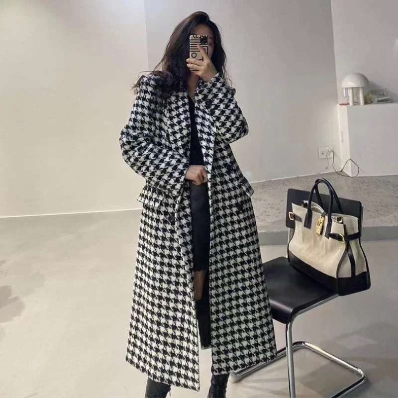 Fashion Houndstooth Faux Wool Jacket Women Autumn Korean Elegant Double Breasted Long Overcoat Winter Thick Warm Blend Wool Coat