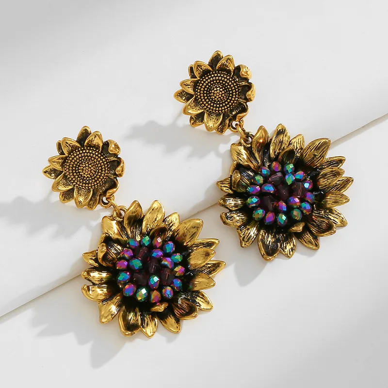 Oversized Antique Gold Plated Sunflower Pendant Drop Dangle Earrings for Women Colorful Beaded Flower Statement Vintage Jewelry