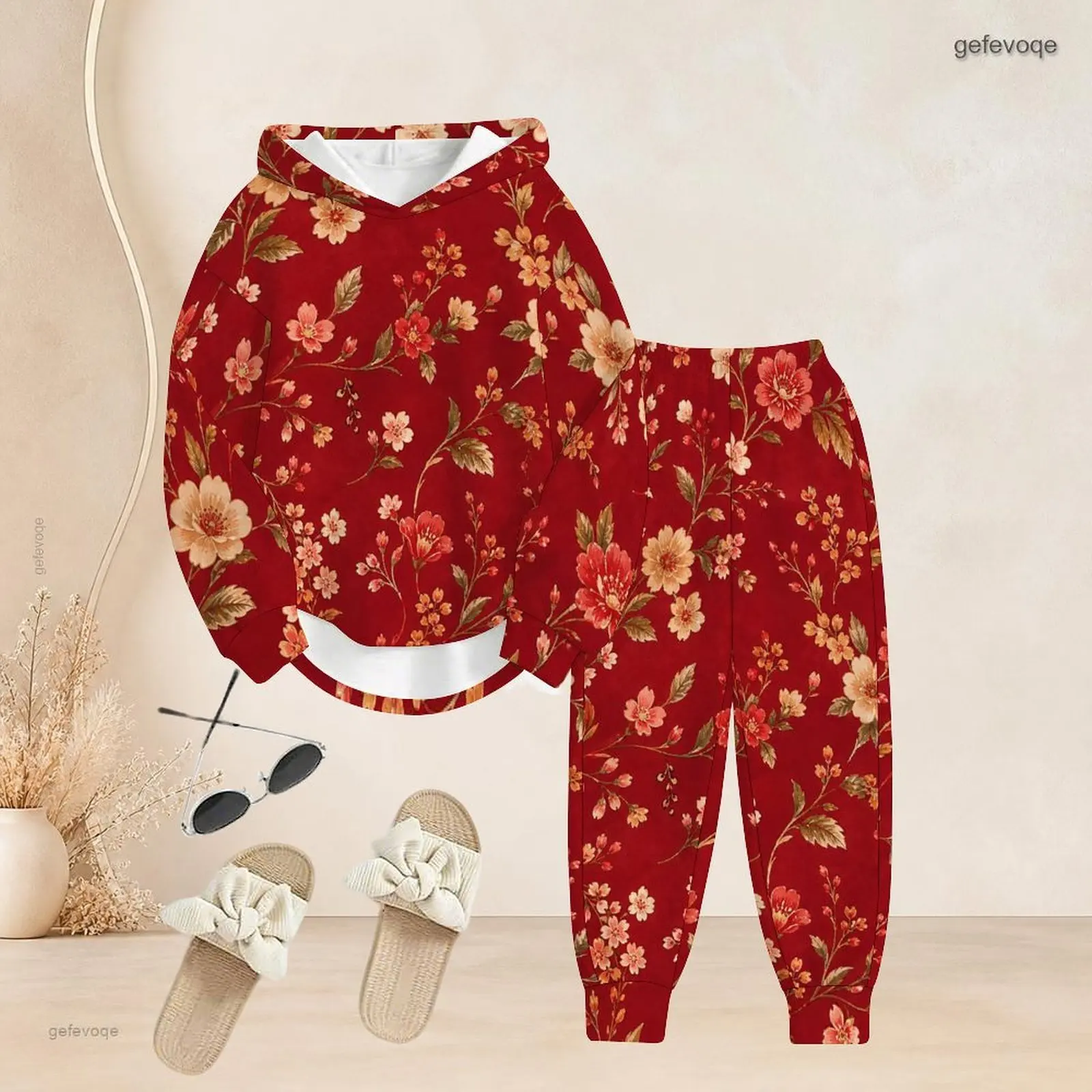 Women Printed Pants Set Long Sleeve Hooded Top Cuffed Pants Two Piece