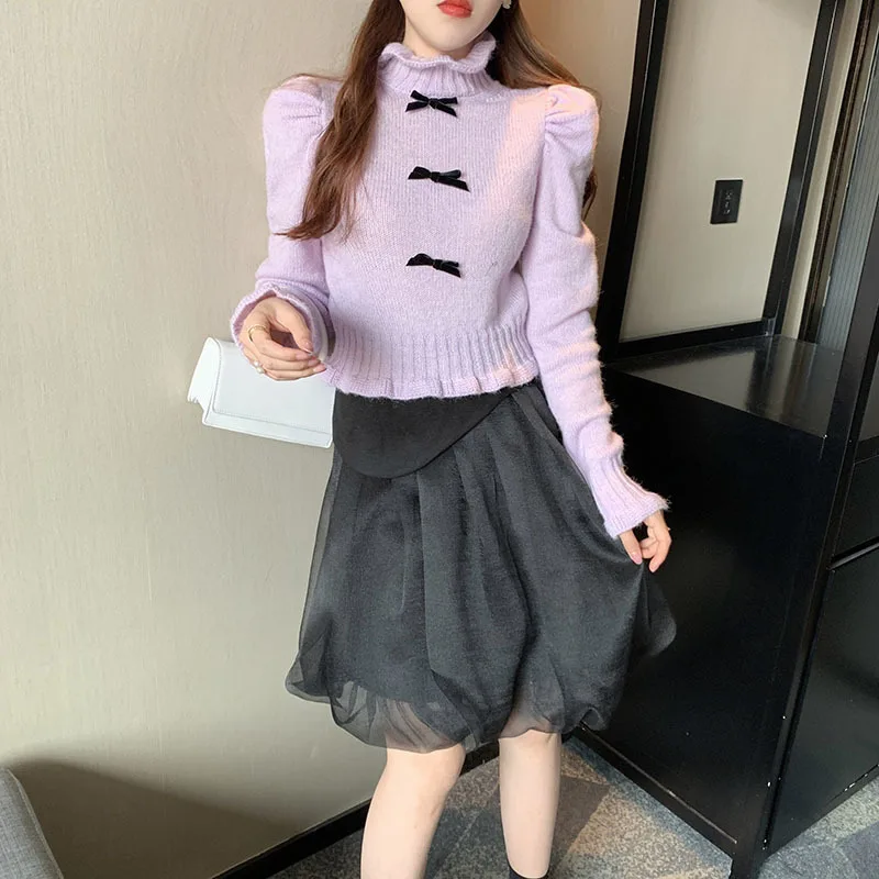 

Women Clothes Knitted Sweater Splicing Ruffle Beading Long Sleeve Autumn Winter Bowknot Pullover Ladies Tops Jumper Sueter 606E