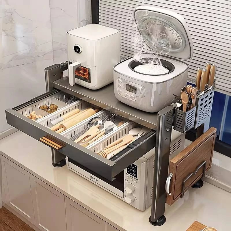 Microwave Oven Storage Rack with Drawer Multifunction Kitchen Counter Shelf Rice Cooker Oven Stand Space Saving Organizer