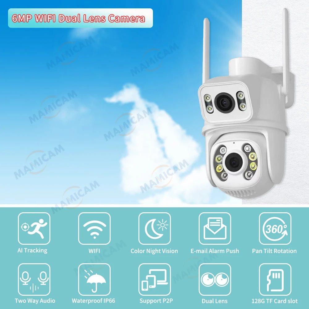 6MP WIFI IP Camera Dual Lens Dual Screen Outdoor PTZ Auto Tracking AI Human Detection Security Home CCTV Camera ICSEE App