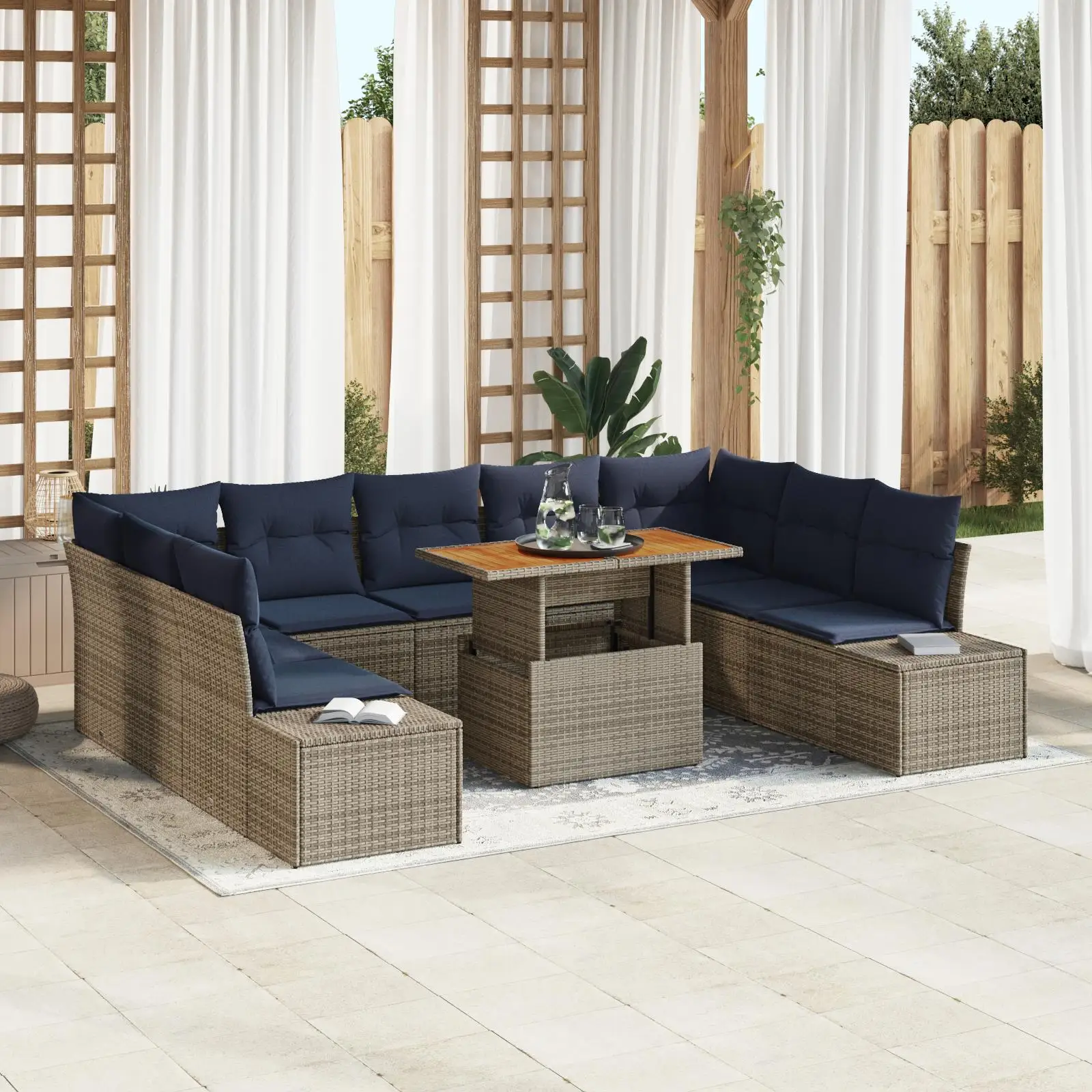

10 Piece Outdoor Garden Sofa Set with Cushions Gray Poly Rattan and Acacia Wood