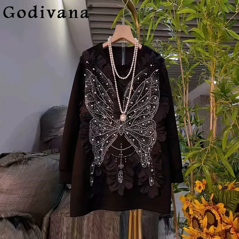 Suéter de Mujer Talla Grande para Primavera/Otoño, con Cuentas, Diamantes y Mariposas, Holgado, Estilo Industrial Pesado, Cuello Redondo, Manga Larga, Estilo Coreano