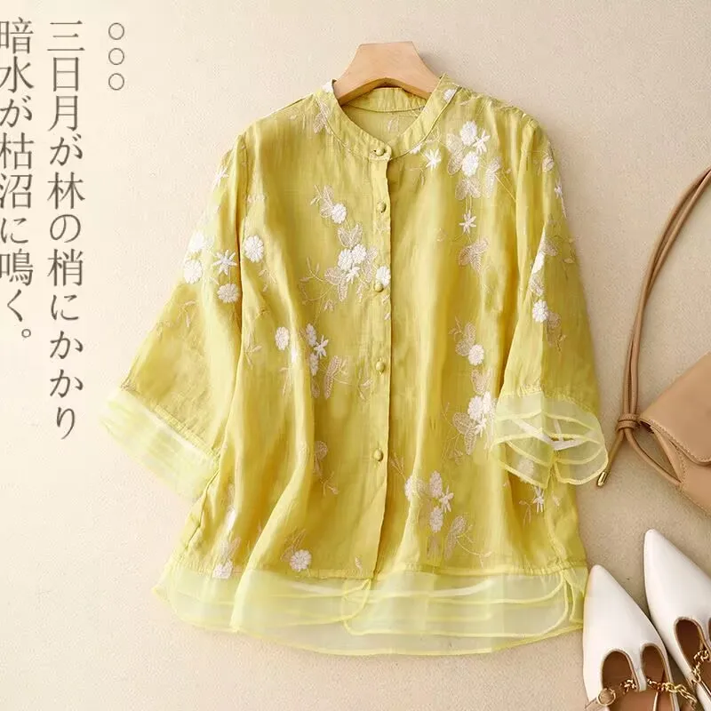 

Womens Cotton and Linen Shirts Embroidered Tulle Blouse