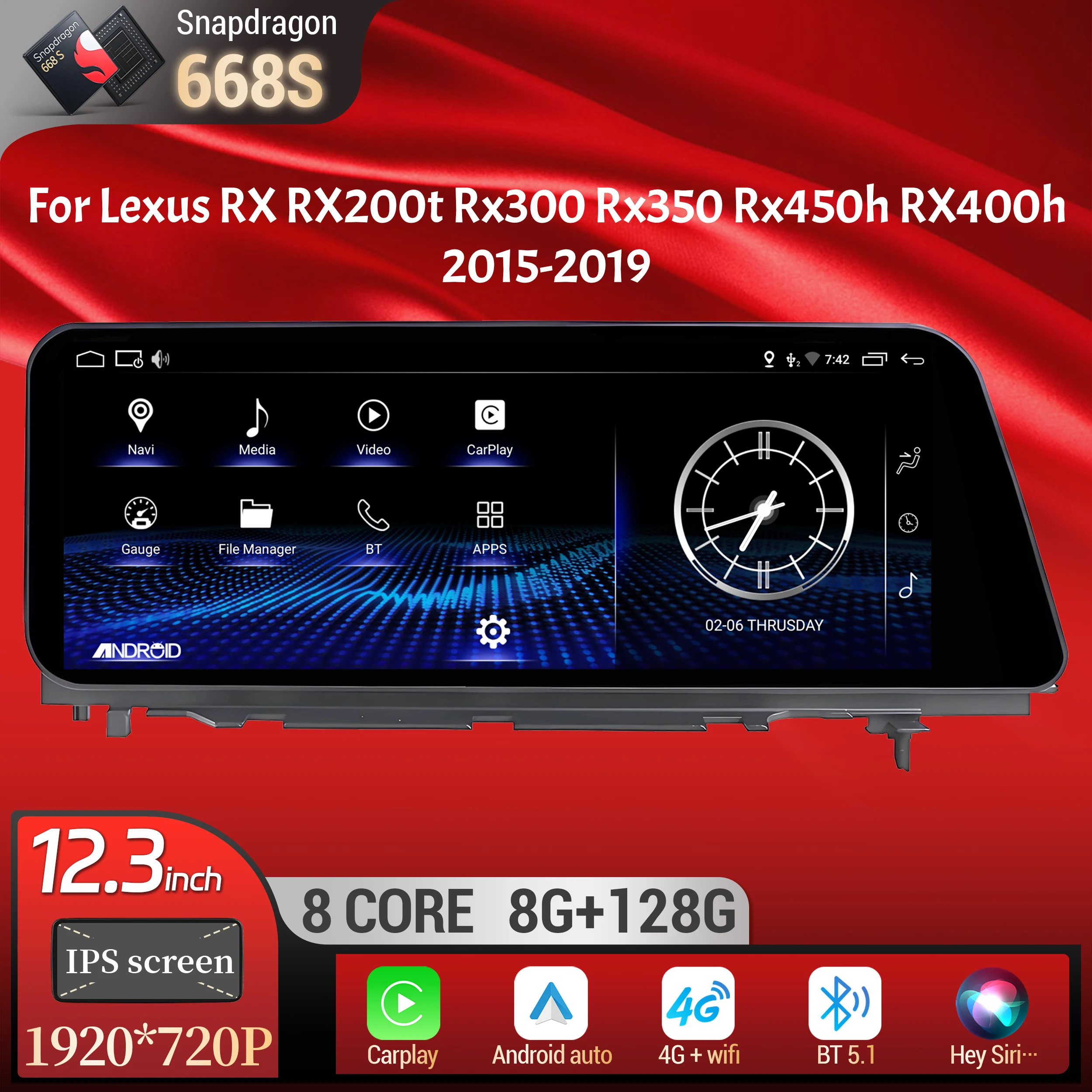 

12.3inch For Lexus RX RX200t Rx300 Rx350 Rx450h RX400h 2015-2019 Car Radio Multimedia Navigation CarPlay Snapdragon 668S Screen