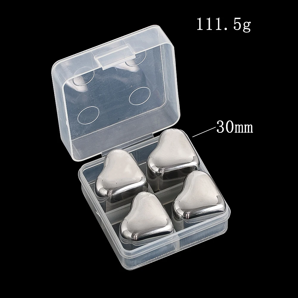 4 قطعة مبرد النبيذ الفولاذ المقاوم للصدأ قابلة لإعادة الاستخدام مكعبات الثلج مكعب أو شكل قلب أحجار التبريد الأحمر الأبيض النبيذ المشروبات طقم هدايا مع صندوق