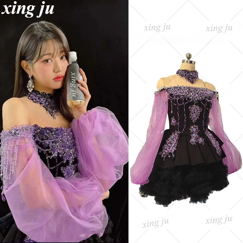 

Kpop Korean Singer Jazz Dancer Sexy Rhinestone Puffy Short Dress Women Concert Temperament Clothing Nightclub DJ Stage Costume