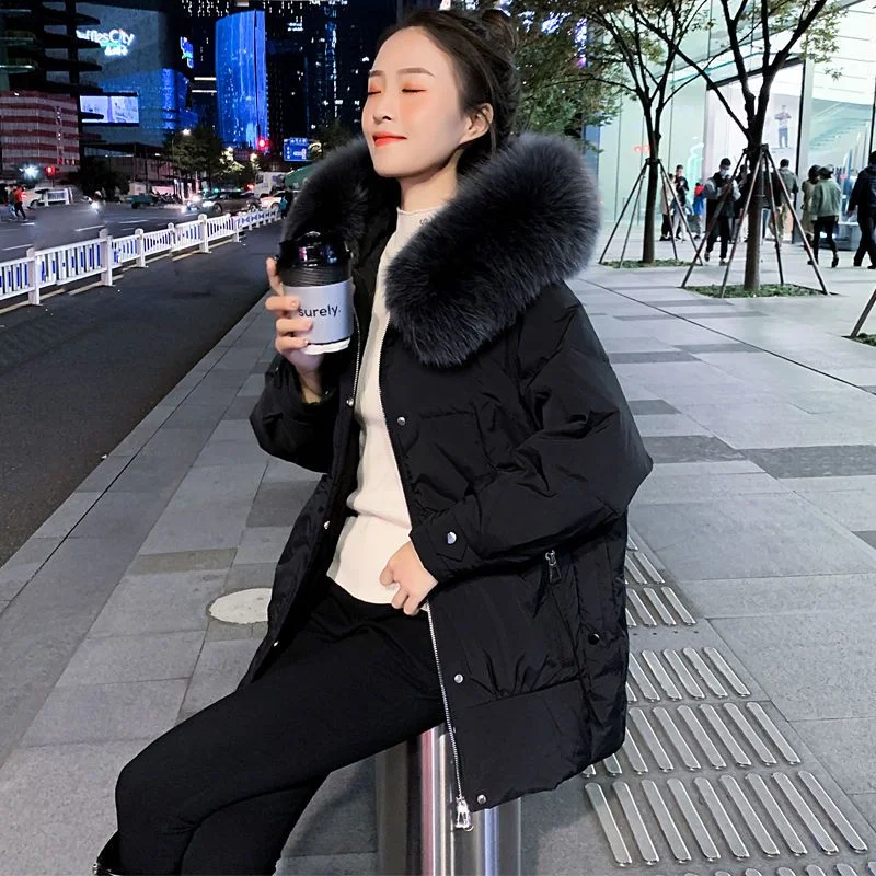 2023 New Women Down Cotton Coat Winter Jacket Female Big Fur Collar Loose Parkas High-end Hooded Outwear Plush Thick Overcoat