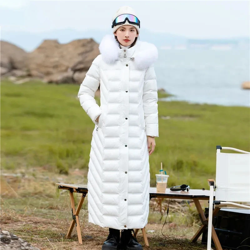 High-end Design Sense Niche White Eiderdown Down  Female 2023 New Long Pure White Big Fur Collar Hooded Warm Thick Coat.