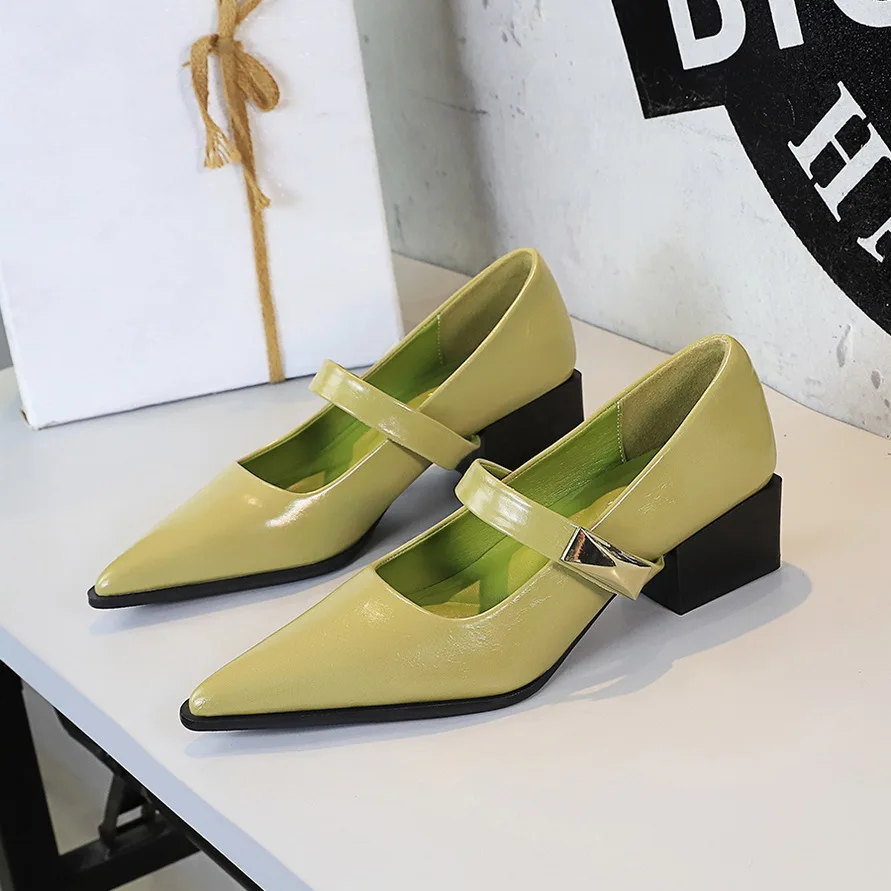 Mary Jane women's shoes 2026 spring thick heel pointed metal buckle temperament in single order shoes