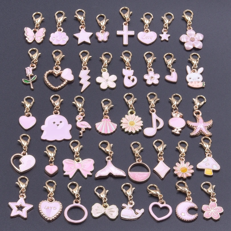 Mix Pink Flower Animal Charms With Lobster Clasp For Jewelry Making Supplies Cute Heart Moon Pendant DIY Backpack Keychain Charm